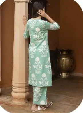 Sea Green Floral Print Cotton Kurti Pant Set