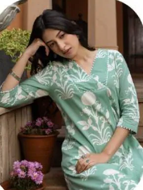 Sea Green Floral Print Cotton Kurti Pant Set