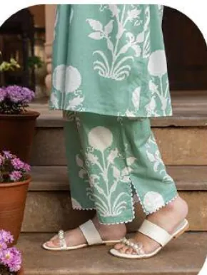 Sea Green Floral Print Cotton Kurti Pant Set
