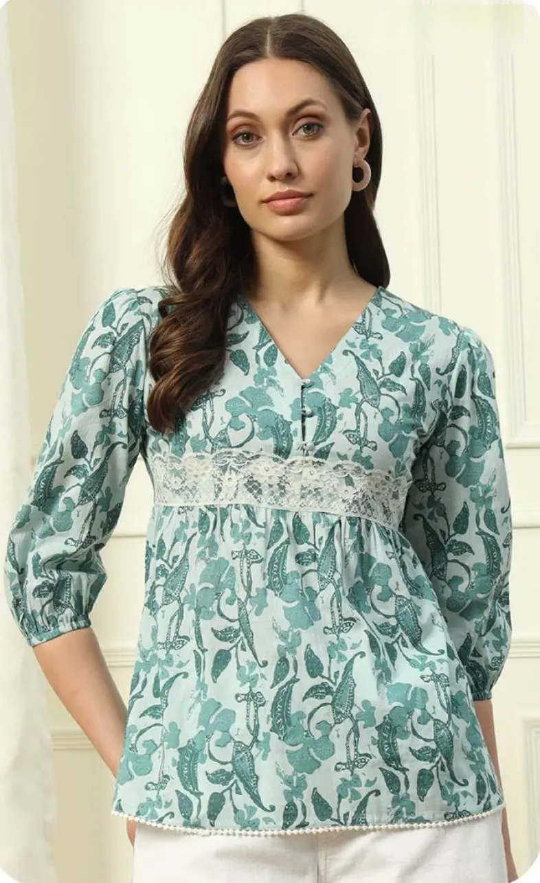 Sea Green Floral Print Cotton Top