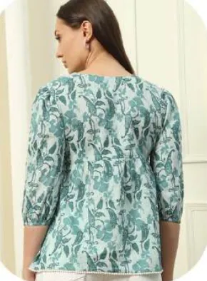 Sea Green Floral Print Cotton Top