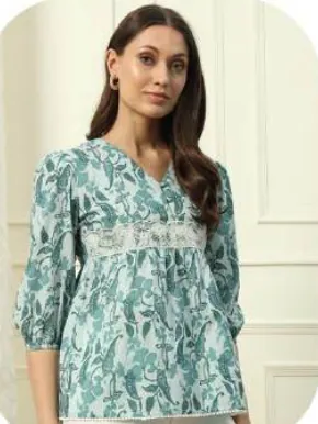 Sea Green Floral Print Cotton Top