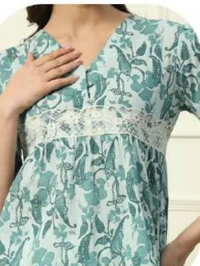 Sea Green Floral Print Cotton Top