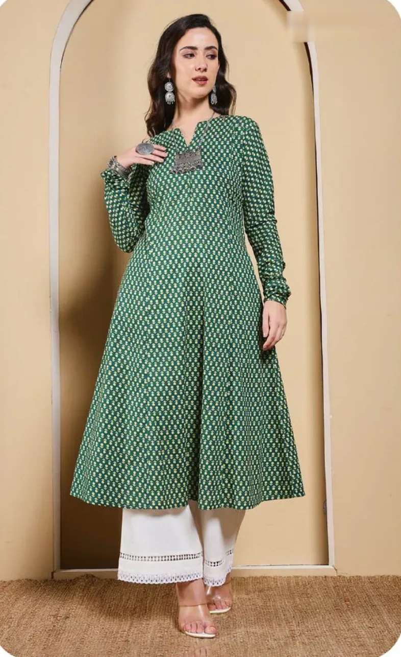 Sea Green Printed A-Line Cotton Kurti