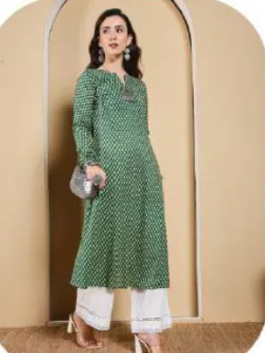 Sea Green Printed A-Line Cotton Kurti