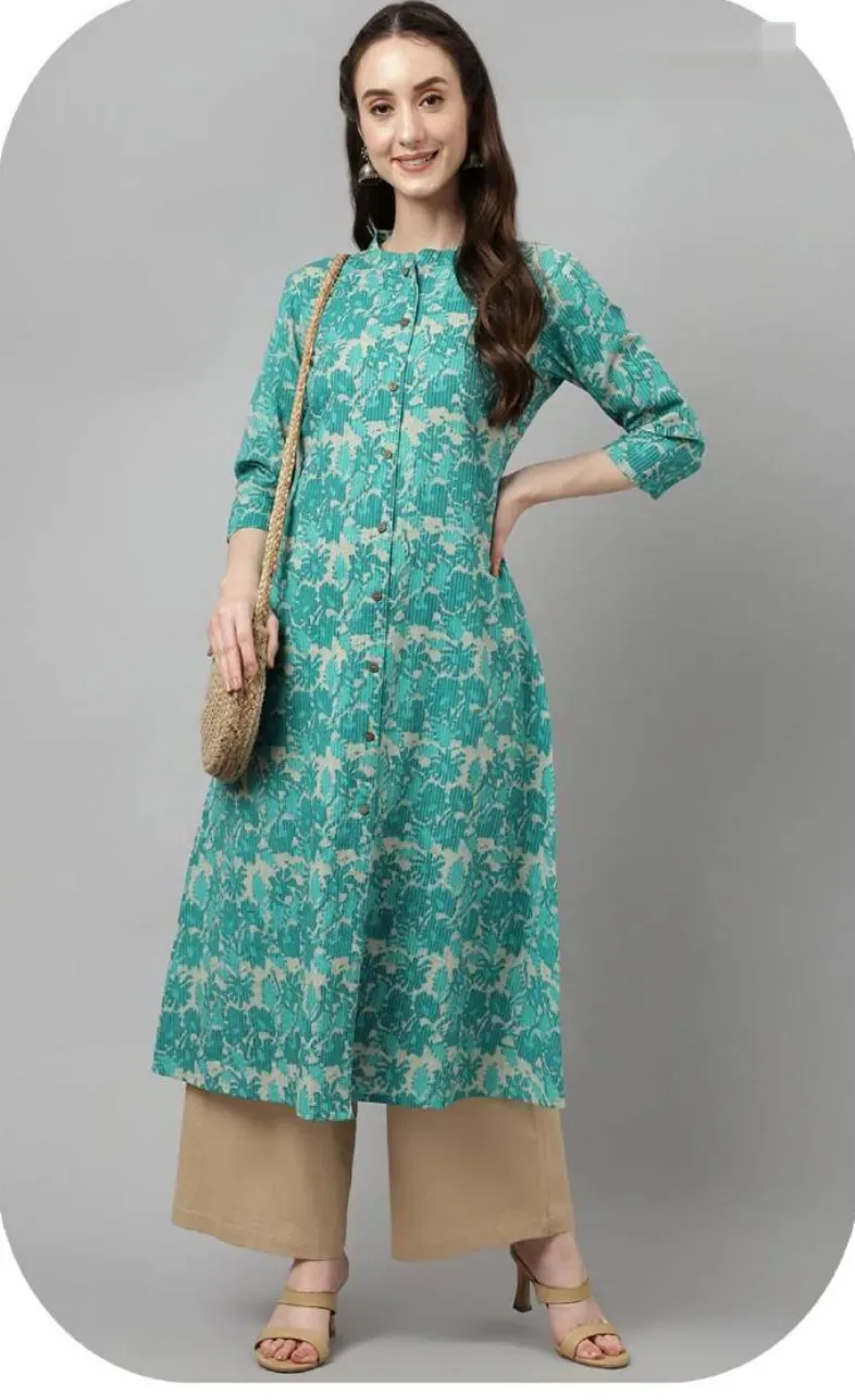 Sea Green Printed Straight Cotton Kurti