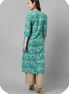 Sea Green Printed Straight Cotton Kurti