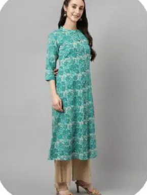 Sea Green Printed Straight Cotton Kurti