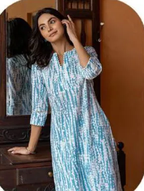 Sky Blue Ikat Print Cotton Kurti Pant Set