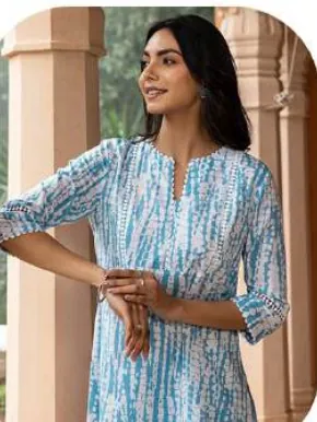 Sky Blue Ikat Print Cotton Kurti Pant Set