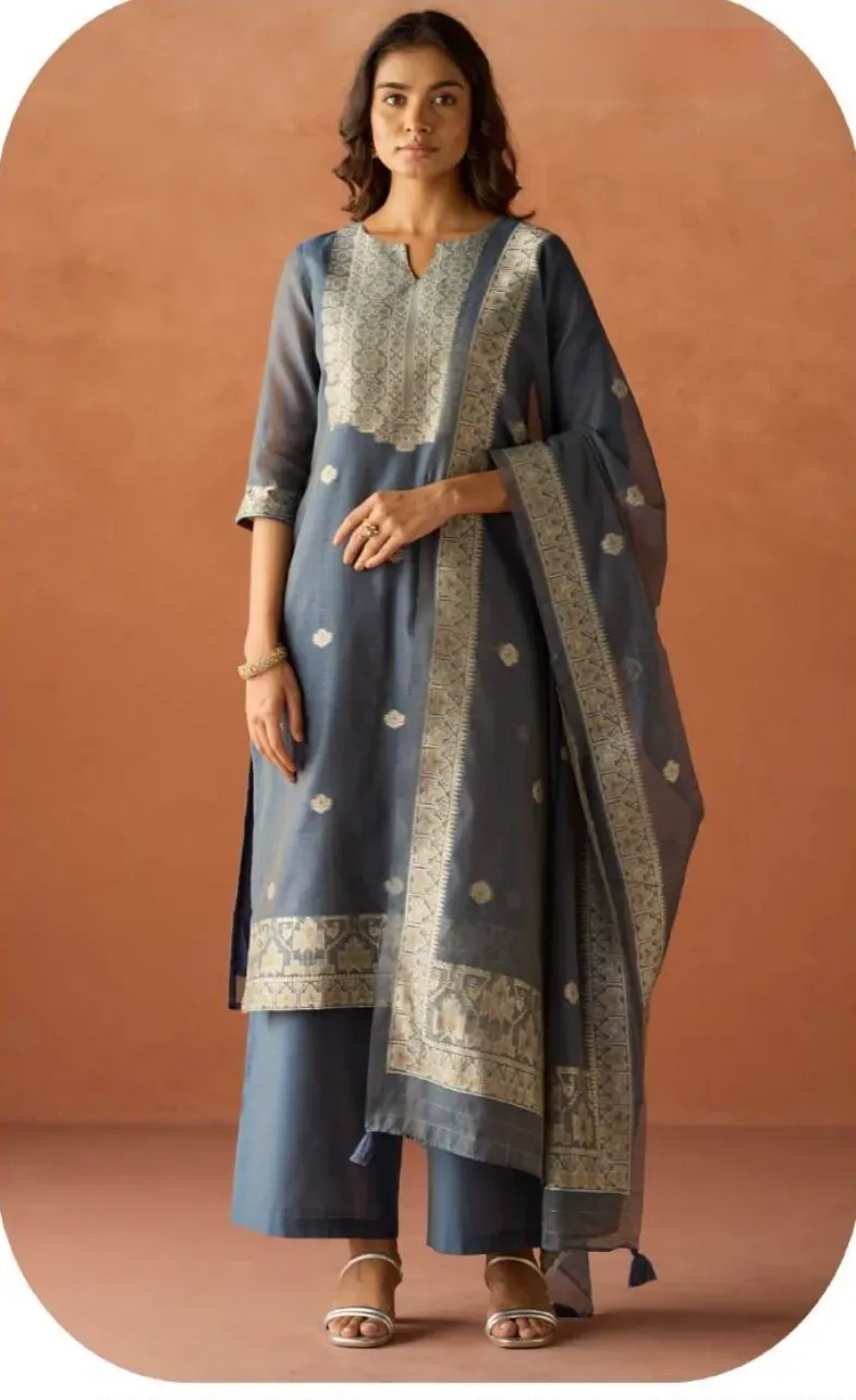 Slate Blue Cotton Blend Jacquard Kurta Palazzo Set with Dupatta
