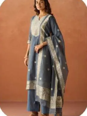 Slate Blue Cotton Blend Jacquard Kurta Palazzo Set with Dupatta