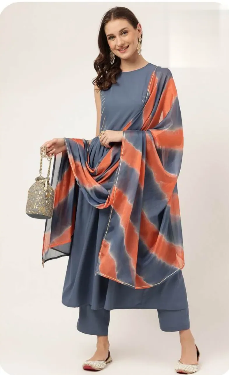 Slate Blue Poly Crepe Kurta Set with Dupatta