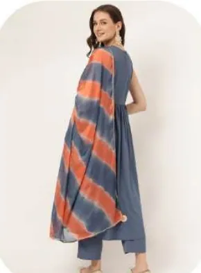 Slate Blue Poly Crepe Kurta Set with Dupatta
