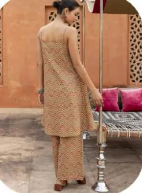 Tan Beige Print Strappy Cotton Kurti Pant Set