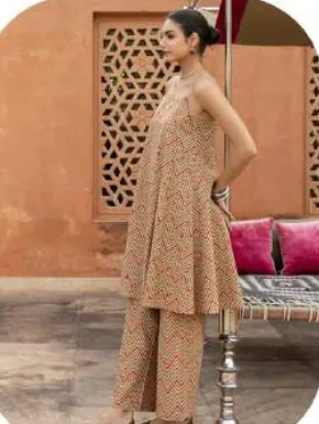 Tan Beige Print Strappy Cotton Kurti Pant Set