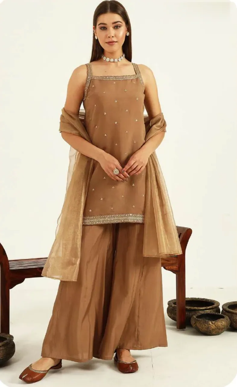 Tan Brown Sleeveless Viscose Chanderi Kurta Set with Dupatta