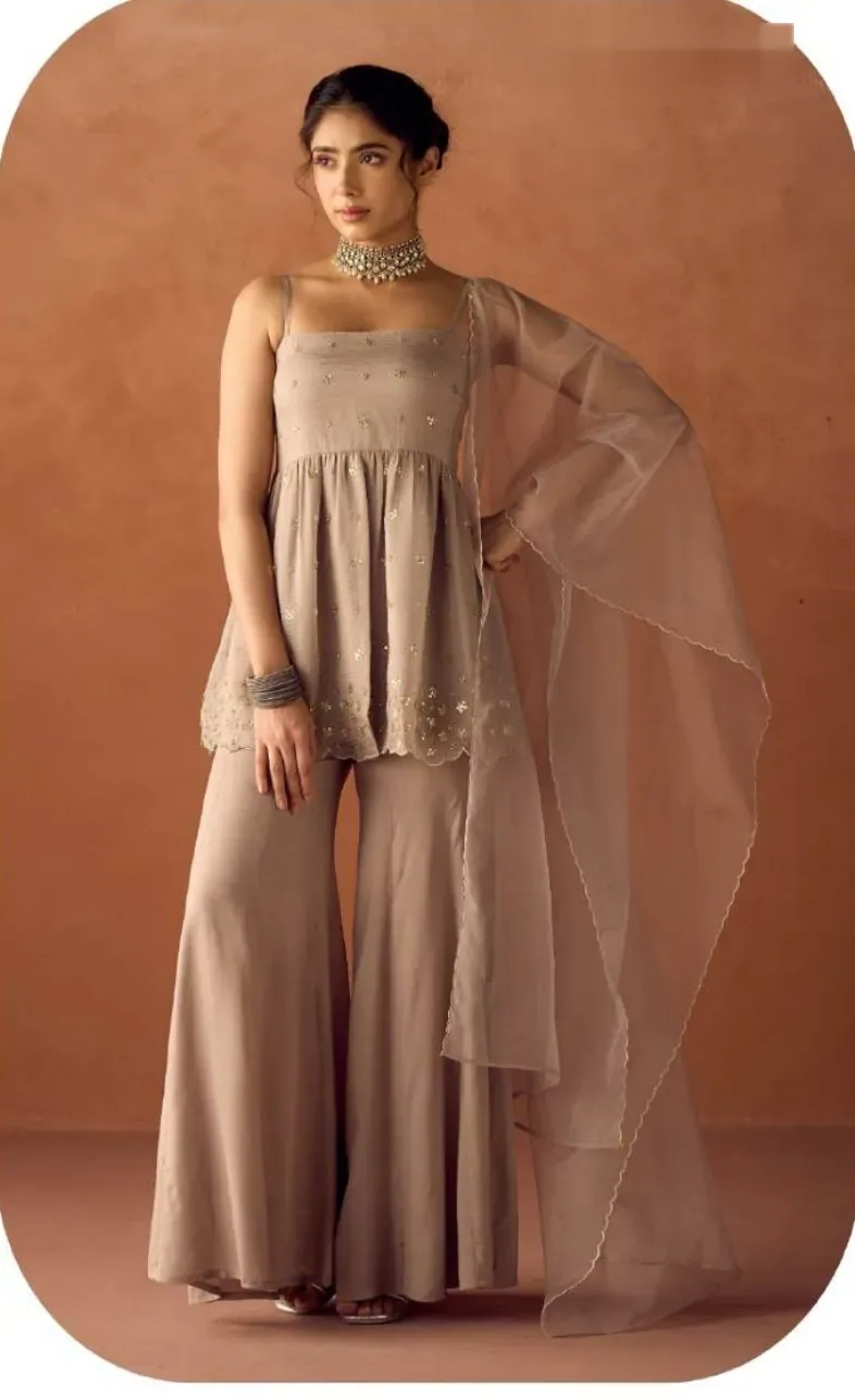 Taupe Beige Crush Organza Kurta Sharara Set with Dupatta