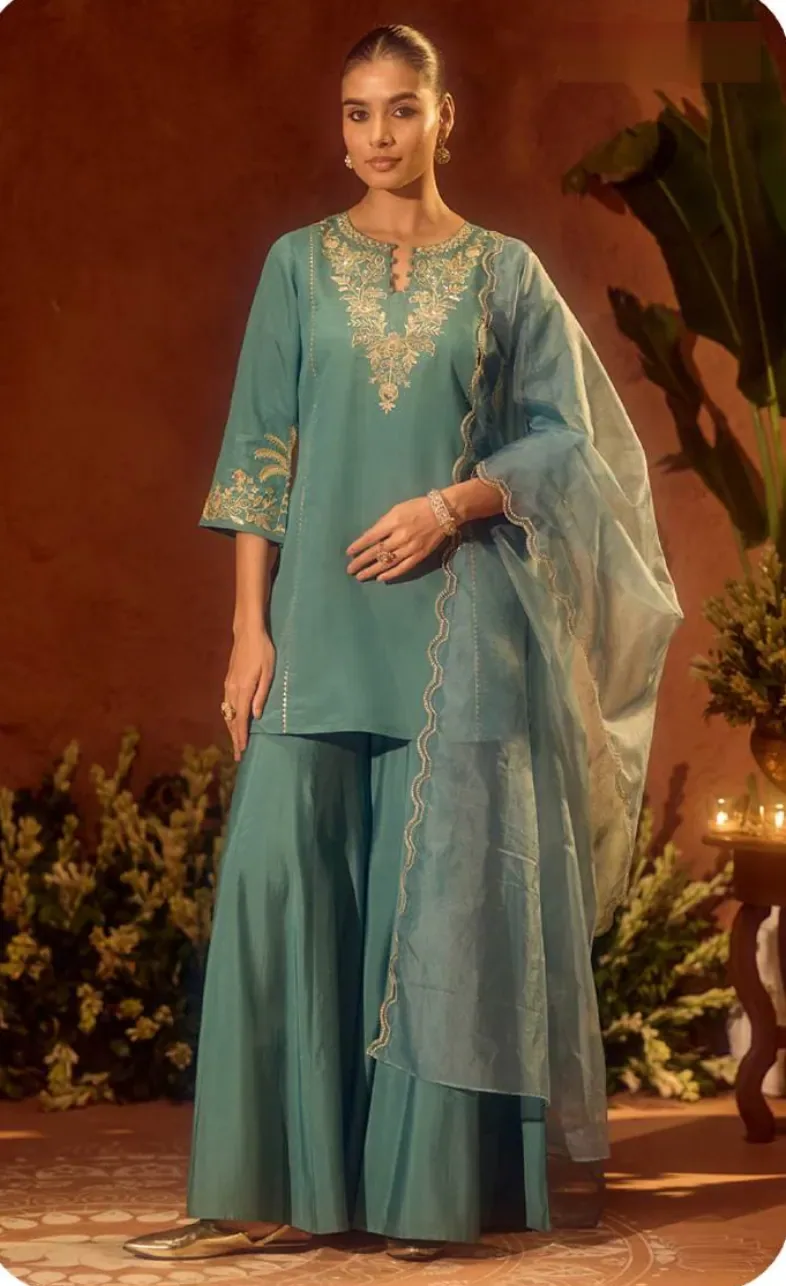 Teal Blue Embroidered Viscose Chanderi Kurta Set with Dupatta