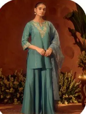 Teal Blue Embroidered Viscose Chanderi Kurta Set with Dupatta