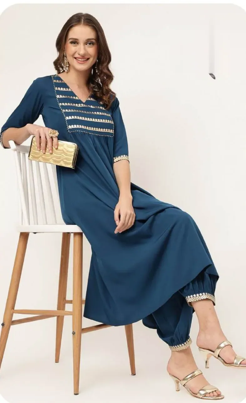 Teal Blue Poly Crepe Kurti Pant Set