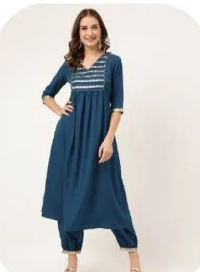 Teal Blue Poly Crepe Kurti Pant Set