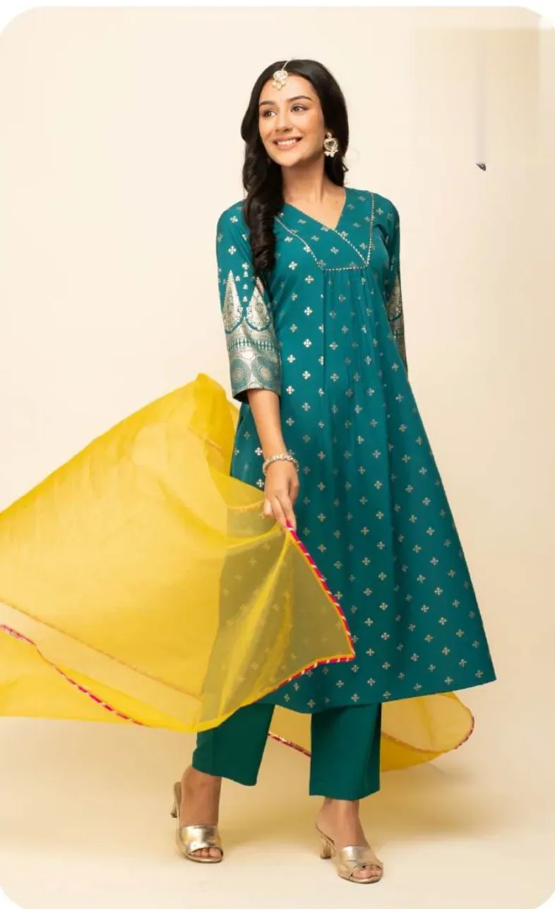 Teal Crepe Kurta Set with Dupatta