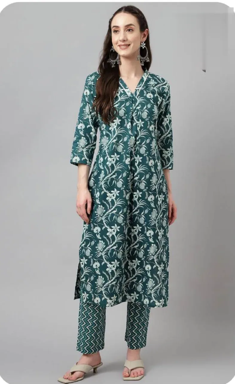 Teal Floral Print Cotton Kurti Pant Set