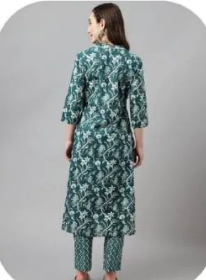 Teal Floral Print Cotton Kurti Pant Set