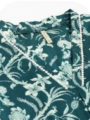 Teal Floral Print Cotton Kurti Pant Set