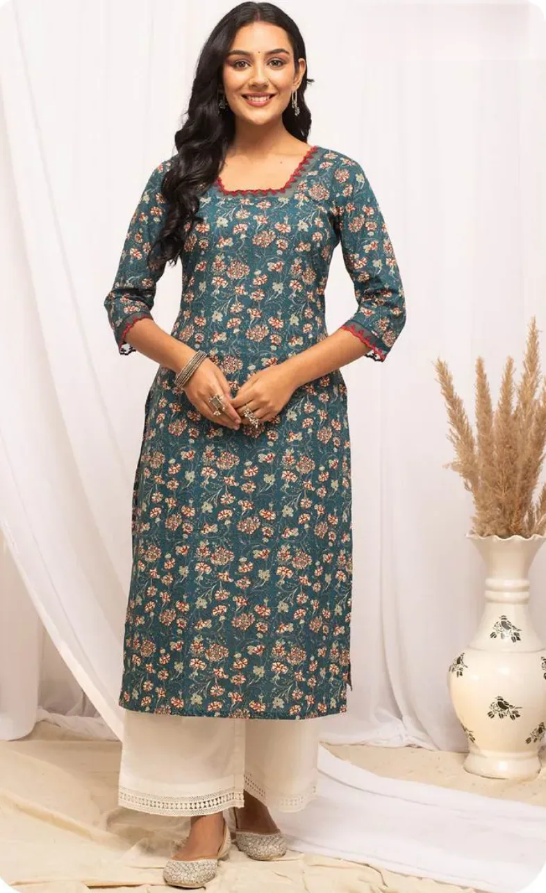 Teal Floral Print Straight Cotton Kurti