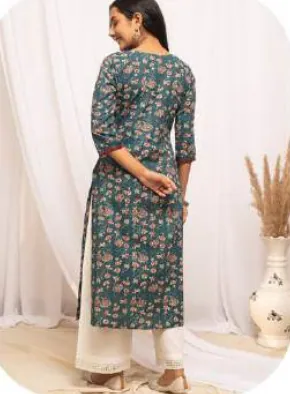 Teal Floral Print Straight Cotton Kurti