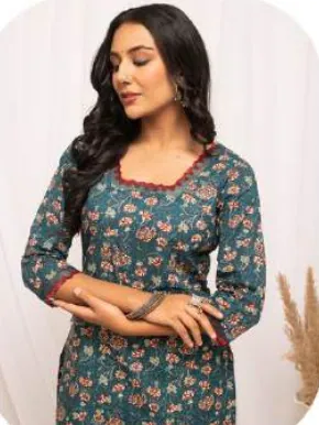Teal Floral Print Straight Cotton Kurti