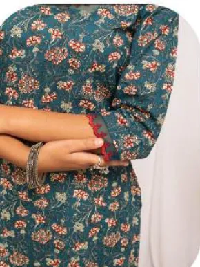 Teal Floral Print Straight Cotton Kurti