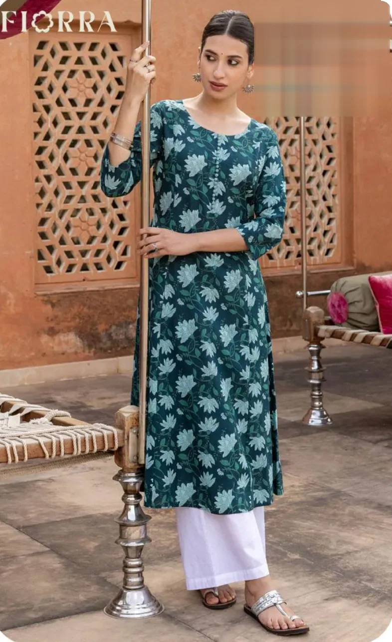 Teal Floral Print Straight Cotton Kurti