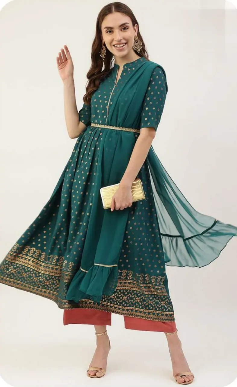 Teal Gold Print Anarkali Poly Crepe Kurti with Dupatta