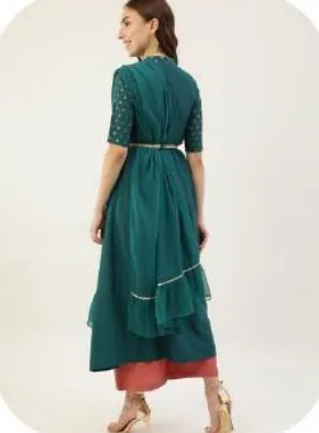 Teal Gold Print Anarkali Poly Crepe Kurti with Dupatta