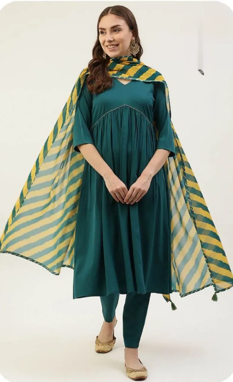 Teal Green Poly Crepe Kurta Set with Dupatta