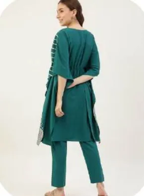 Teal Leheriya Print Poly Crepe Kaftan & Pant Set
