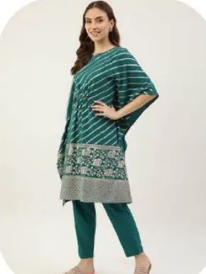 Teal Leheriya Print Poly Crepe Kaftan & Pant Set