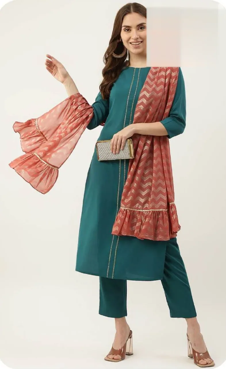 Teal Poly Crepe Kurta Set with Dupatta