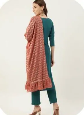 Teal Poly Crepe Kurta Set with Dupatta