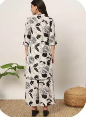 White Black Abstract Print Cotton Blend Kurti Palazzo Set