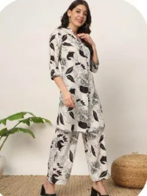 White Black Abstract Print Cotton Blend Kurti Palazzo Set
