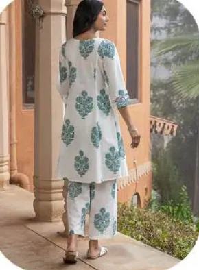 White Blue-Green Block Print Cotton Kurti Pant Set