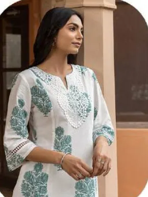White Blue-Green Block Print Cotton Kurti Pant Set