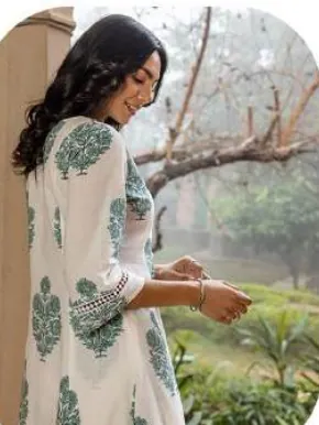 White Blue-Green Block Print Cotton Kurti Pant Set