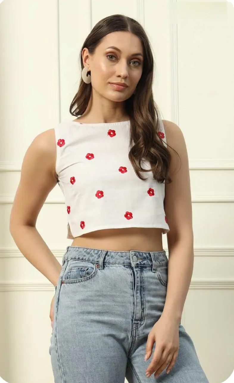 White Embroidered Cotton Crop Top