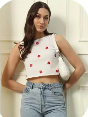 White Embroidered Cotton Crop Top