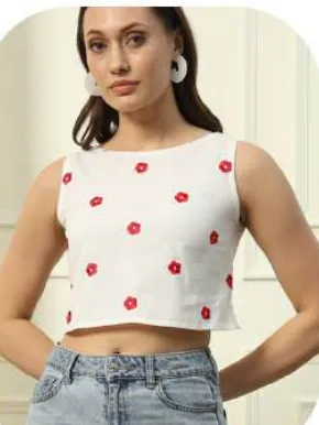 White Embroidered Cotton Crop Top